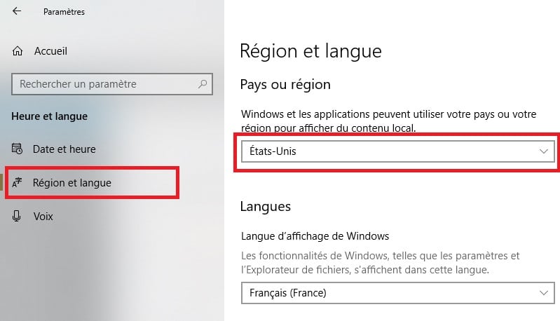 Windows 10 region France