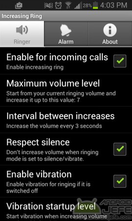activate volume increasing when they call me increasing ring