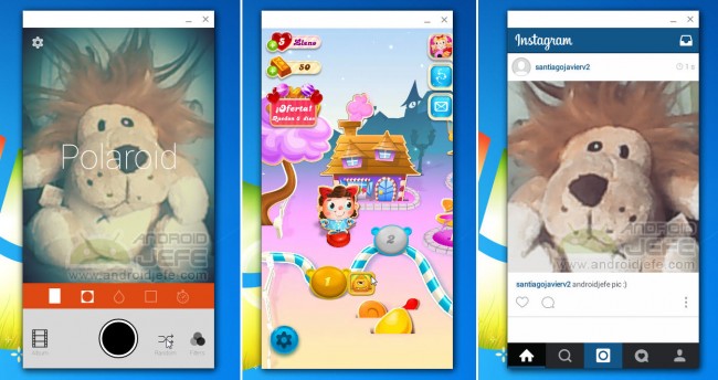 Android apps Retrica, Candy Crush Soda and Instagram running on Google Chrome 41 (Windows 7)