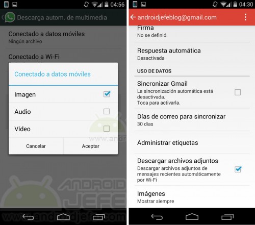 Deactivate the download of data using the cellular network, in WhatsApp and Gmail.