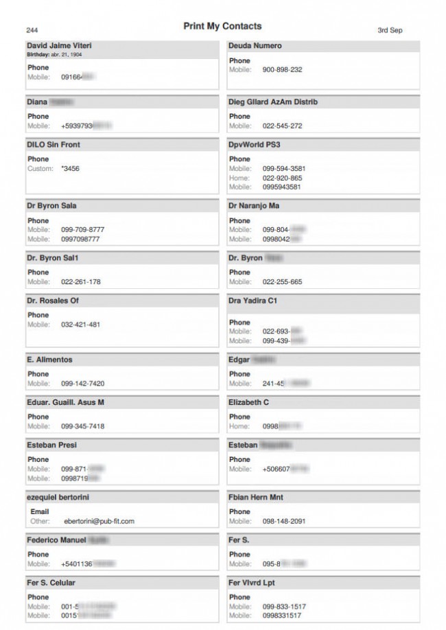 PDF contact list, created with the "Print my contacts" application