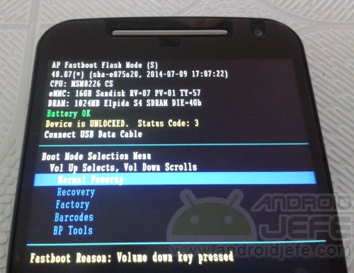 Bootloader mode of the Motorola Moto G Second generation (2014).