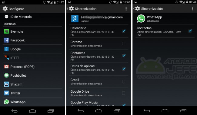 Check or uncheck the app box to enable or disable synchronization. Android 4.4.4, Moto G Second Generation.