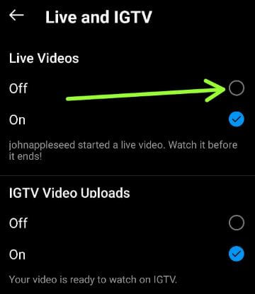 Disable live video notifications on Android Instagram devices