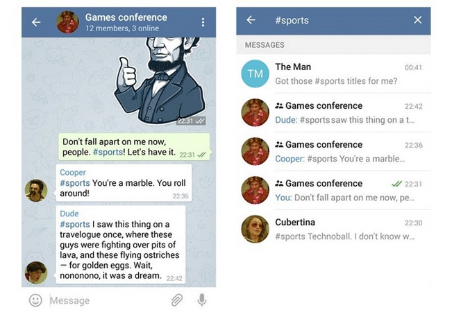Telegram groups imitate Twitter and release mentions, responses and hashtags