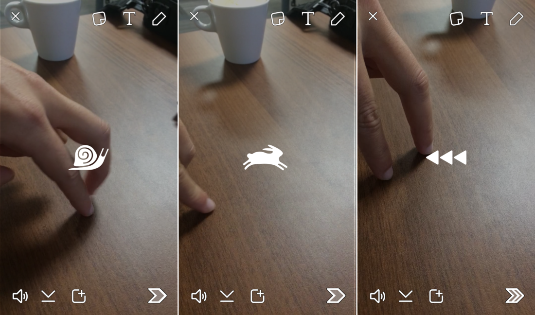 Snapchat allows the application of filter of fast motion, slow motion and rewind in the videos recorded with the app