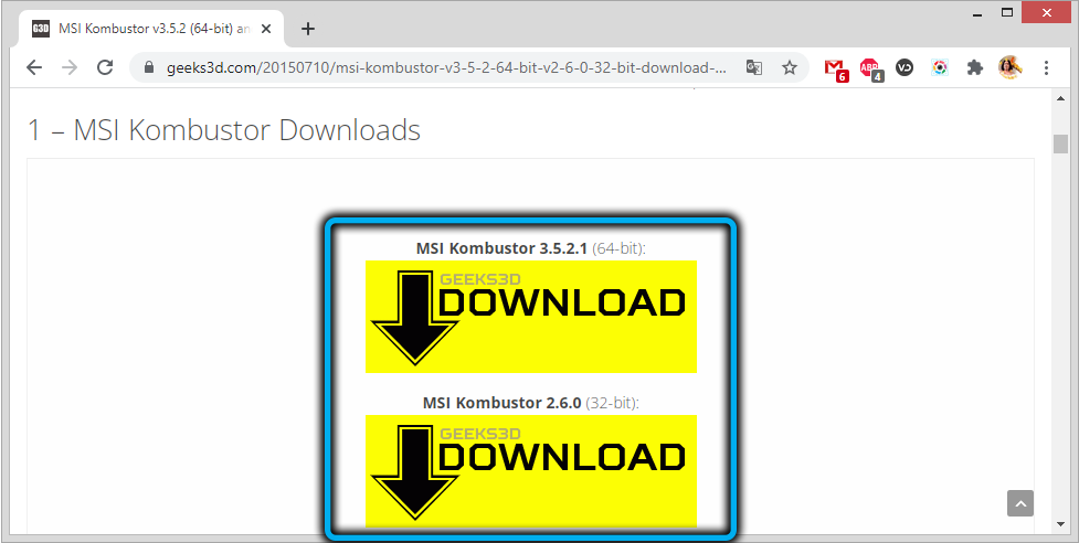 Launching the download of the latest version of MSI Kombustor