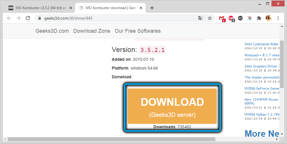 Launching the download of the latest version of MSI Kombustor