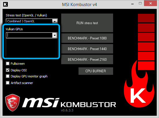 GPUs in MSI Kombustor