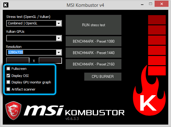 Advanced settings in MSI Kombustor