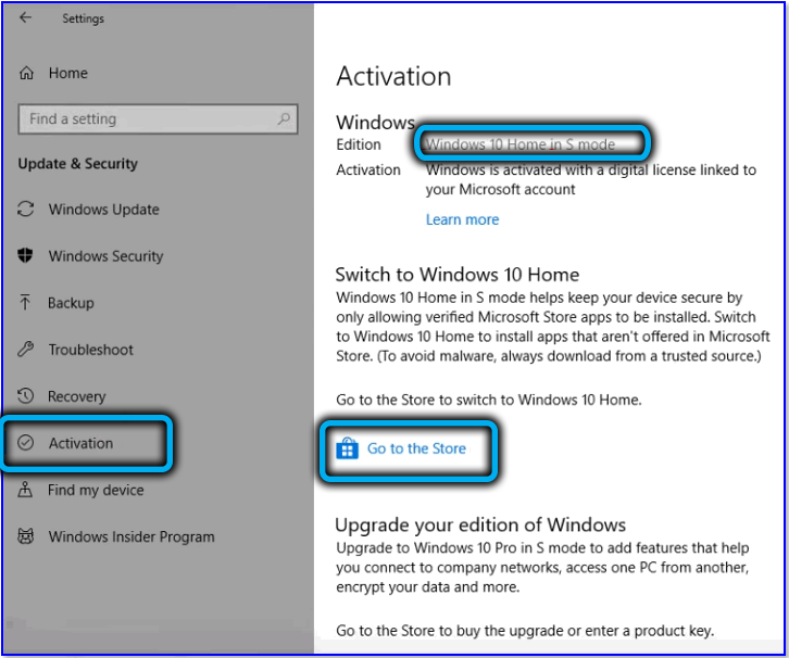 Activation section in Windows 10