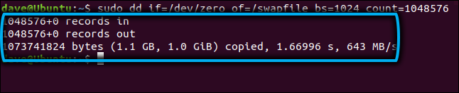 The result of creating a swap file
