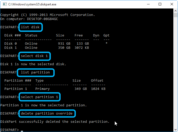 Commands for deleting the recovery partition