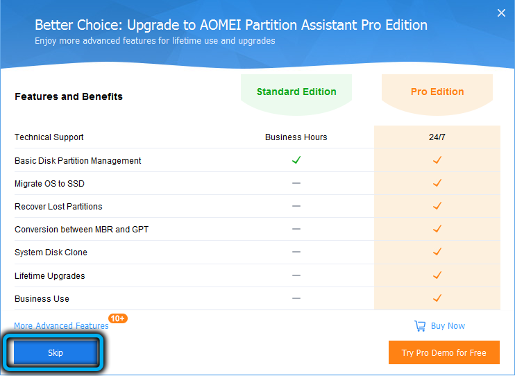 Features of the standard and professional version of AOMEI Partition Assistant