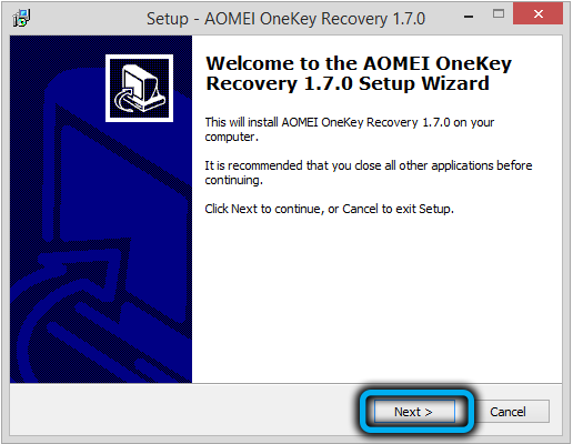 AOMEI OneKey Recovery Installation Wizard