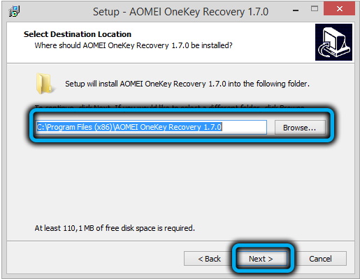AOMEI OneKey Recovery installation path