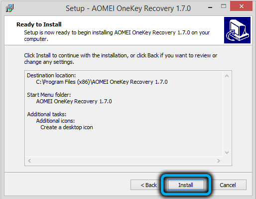 Launching the AOMEI OneKey Recovery installation