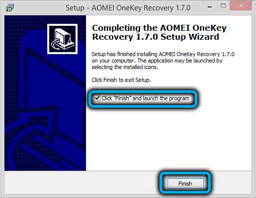 Completing the installation of AOMEI OneKey Recovery