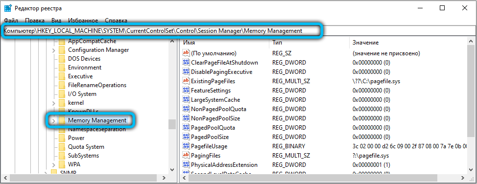 Path to the Memory Management folder in the registry