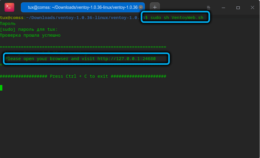 Running the VentoyWeb.sh file in the terminal