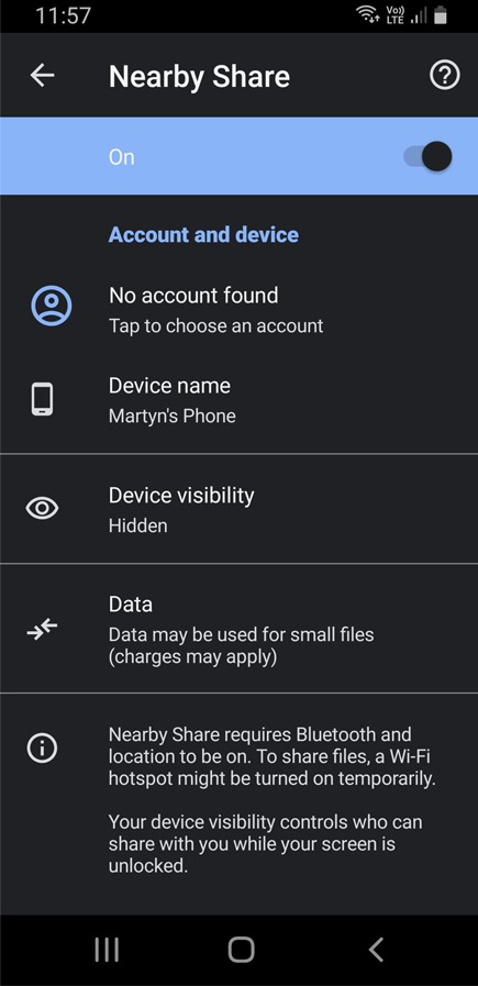 Enabling Nearby Share on Android
