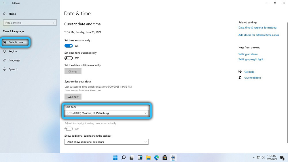 Changing the time zone in Windows 11