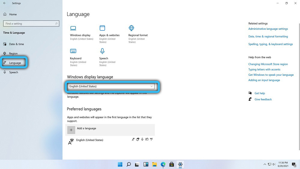 Language section in Windows 11