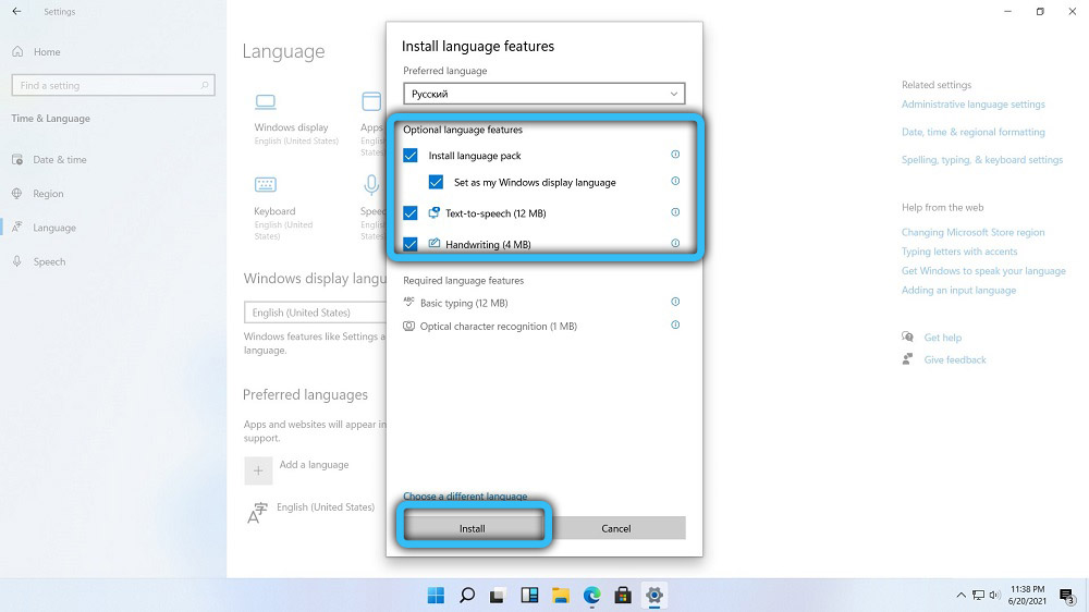 Language change options in Windows 11