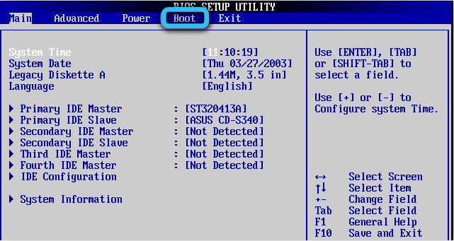 Boot tab in AMI BIOS