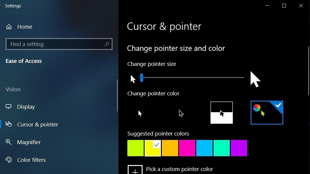 Setting up the cursor in Windows 10