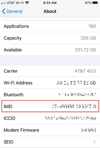 IMEI in settings