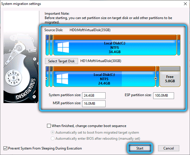 Setting the size of partitions on the target disk in DiskGenius