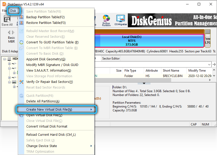 Create New Virtual Disk in DiskGenius