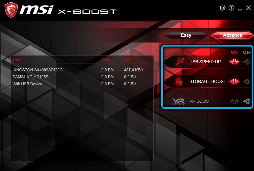 Buttons on the Advance Tab in MSI X-Boost