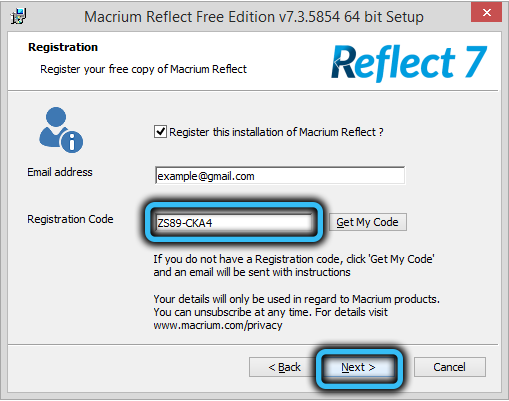 Entering code into Macrium Reflect