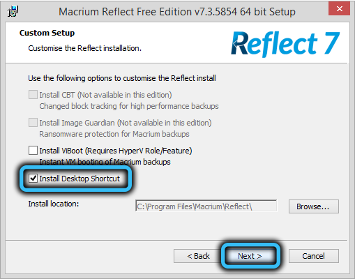 Macrium Reflect installation options