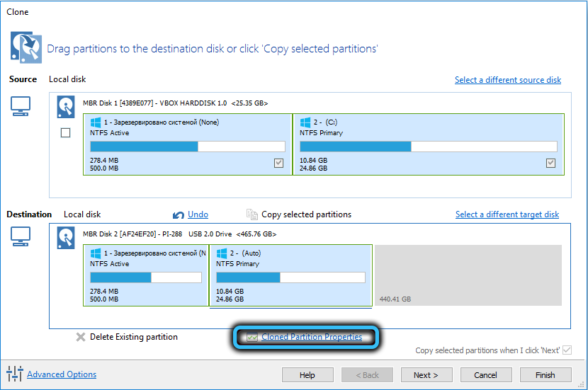 Cloned Partition Properties at Macrium Reflect