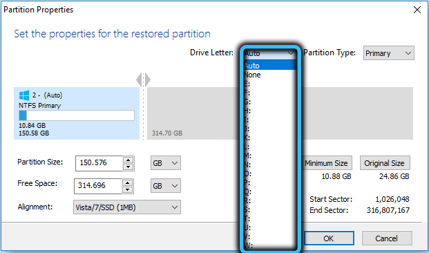 Selecting a drive letter in Macrium Reflect