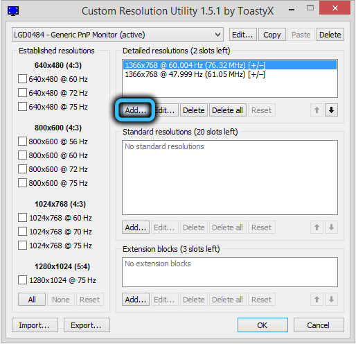 Add button in Custom Resolution Utility