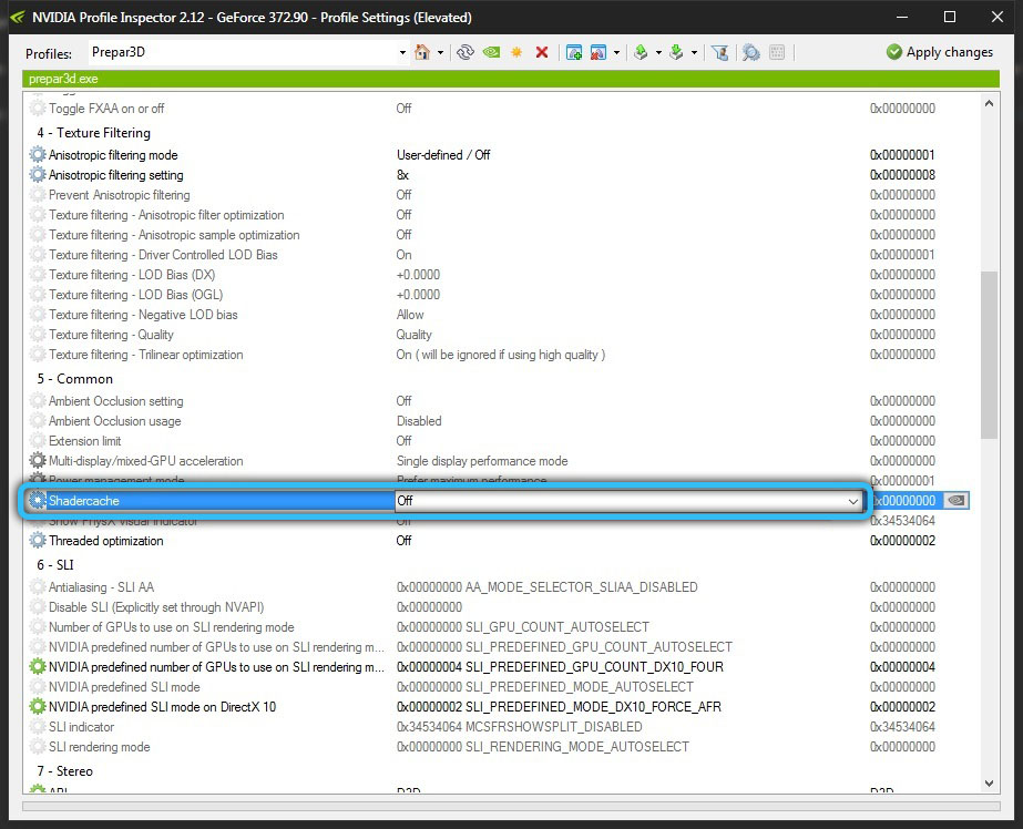 Disable caching via NVidia Inspector