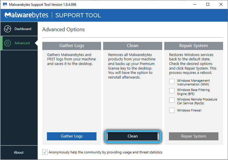 Clean Button Malwarebytes Support Tool