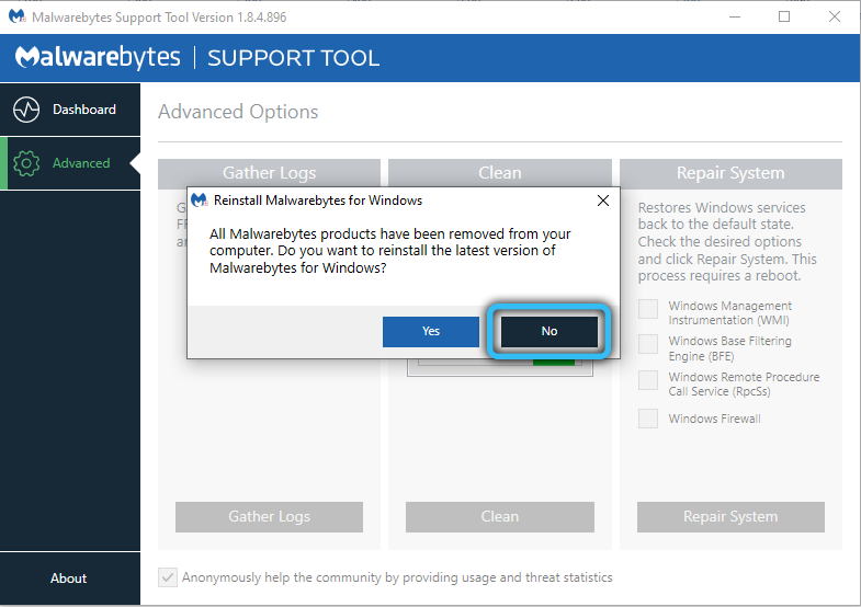 Refusal to reinstall the program in the Malwarebytes Support Tool