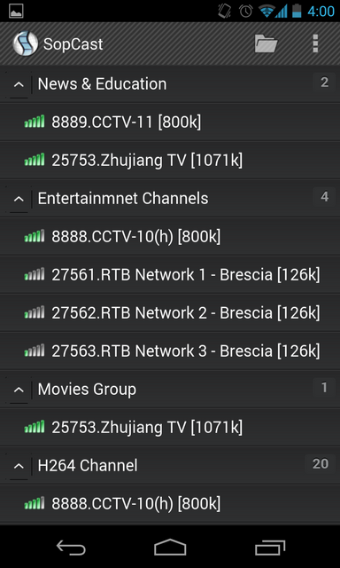 Channel List in SopCast on Android