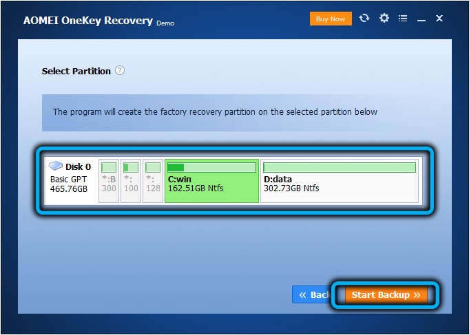 Selecting a partition to create a recovery disc in AOMEI OneKey Recovery