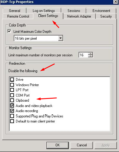 RDP client settings