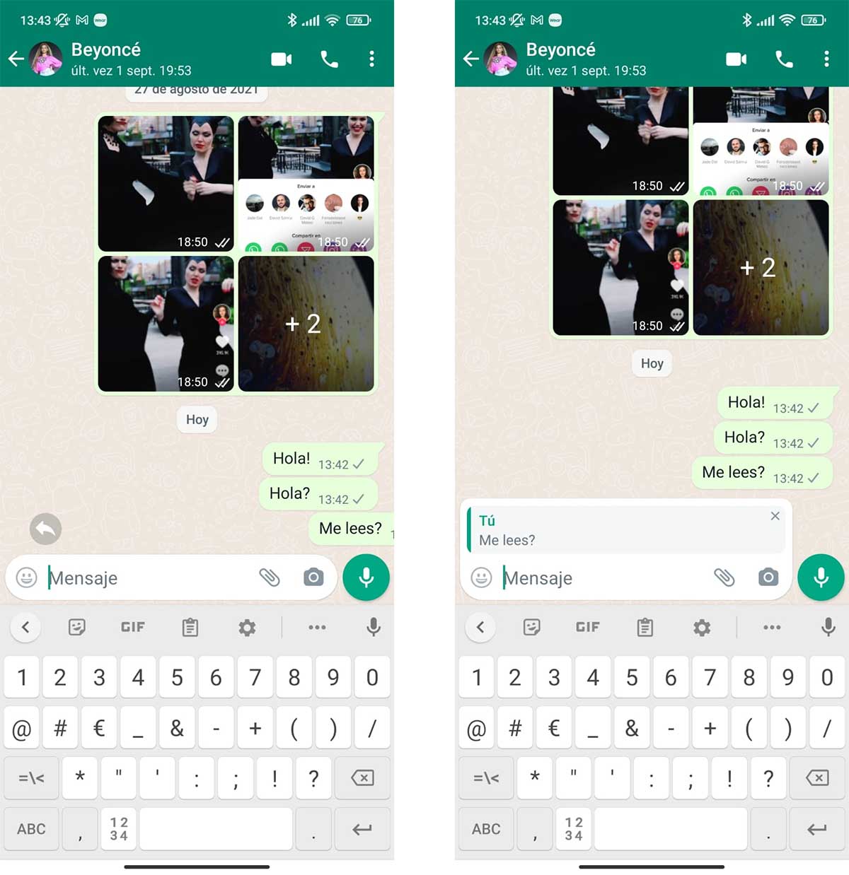 mention a message on WhatsApp with a gesture