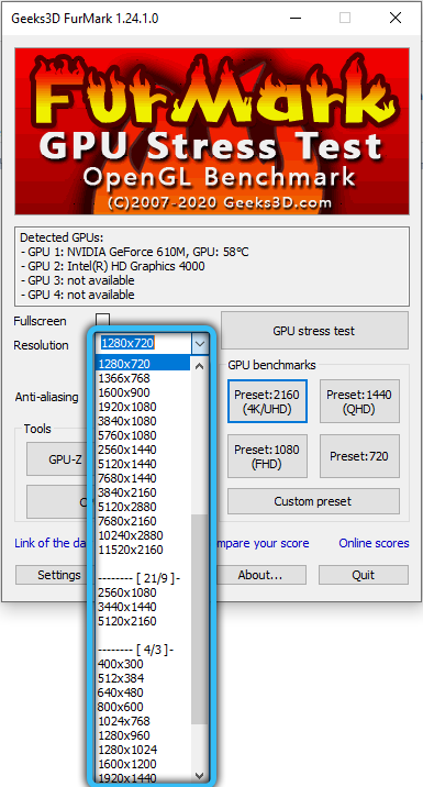 Resolution field in FurMark program