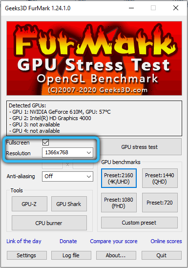 Selecting a Screen Resolution in FurMark