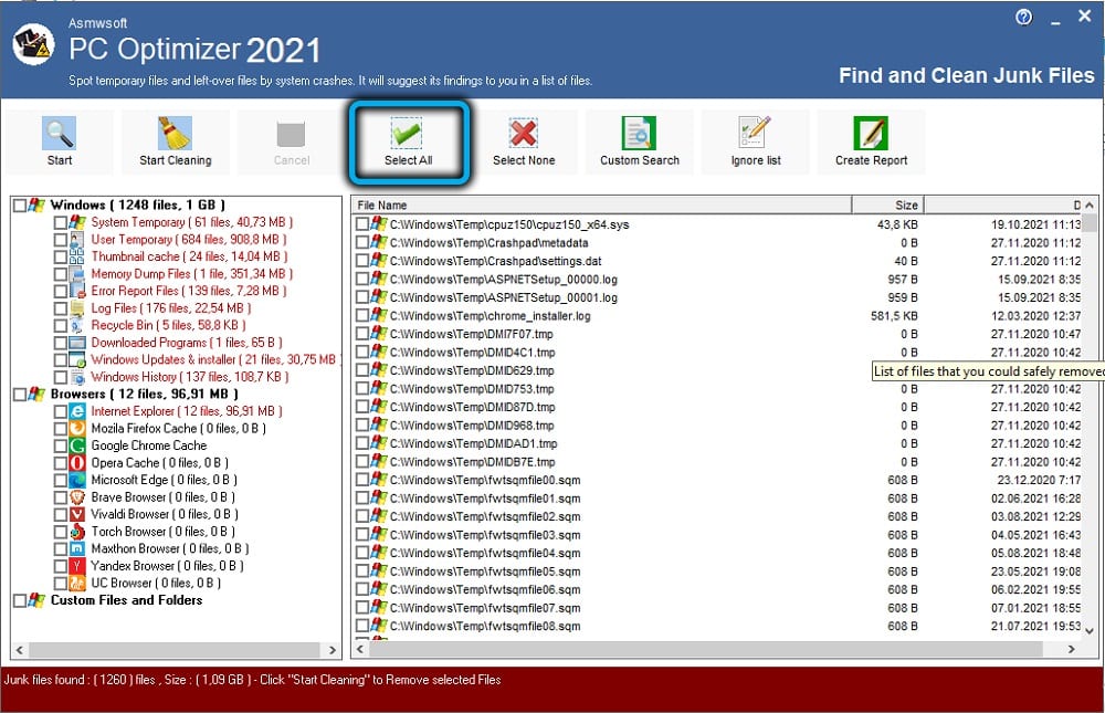 Select all button in Asmwsoft PC Optimizer