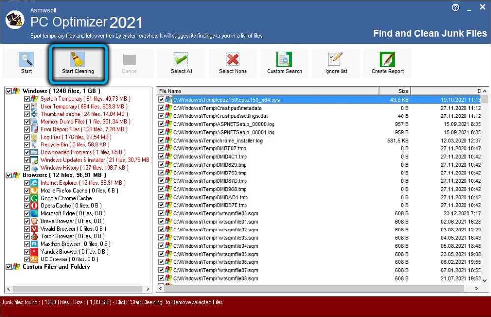 Start Cleaning button in Asmwsoft PC Optimizer